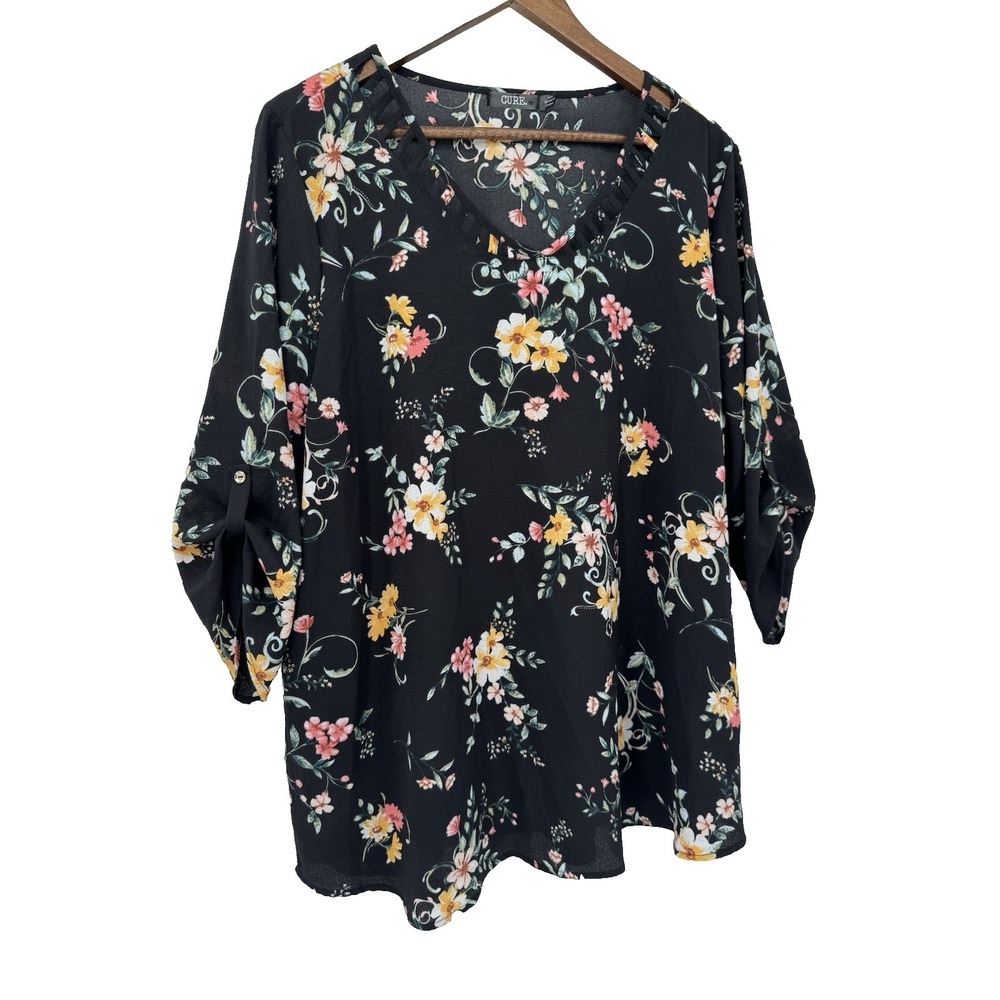 CURE dark Floral Blouse 3X 3/4th sleeve spring v-neck cut outs plus fairy